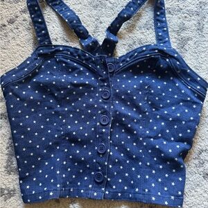 Blue Star-Patterned Button-Up Crop Top